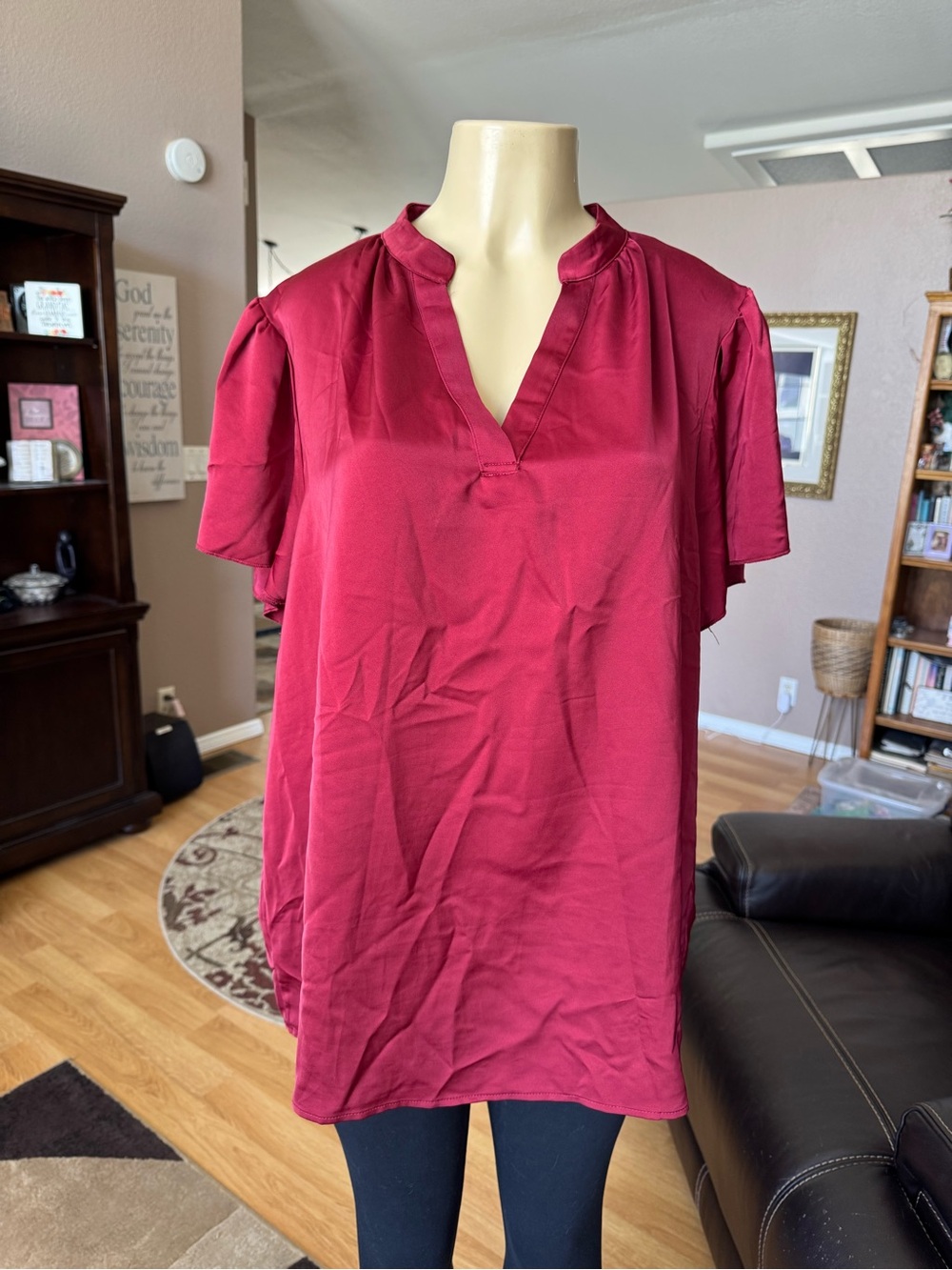 Pretty Garden ruby red silky V-neck short sleeve blouse-size XL